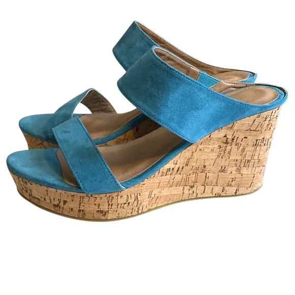 LANE BRYANT Sz 11WTurquoise Suede Sandal Wedge Shoe Hawthorn Cork Double Straps - Picture 3 of 10